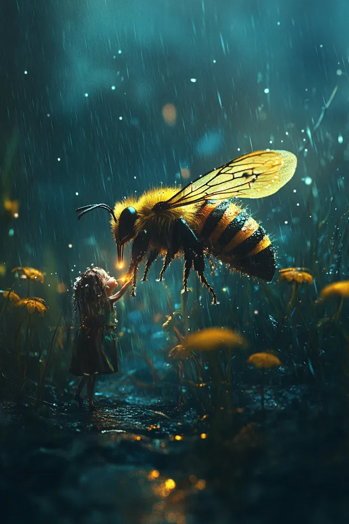 A large bee with yellow and black stripes hovers over a small girl in a dark green dress. They stand in a forest with yellow flowers and green leaves. The ground is wet, with the rain falling heavily in the background. The scene is lit by a soft, warm glow, creating a magical and ethereal atmosphere.  The girl is reaching out her hand towards the bee, as if to touch it.  The image evokes a sense of wonder and connection between nature and humanity.