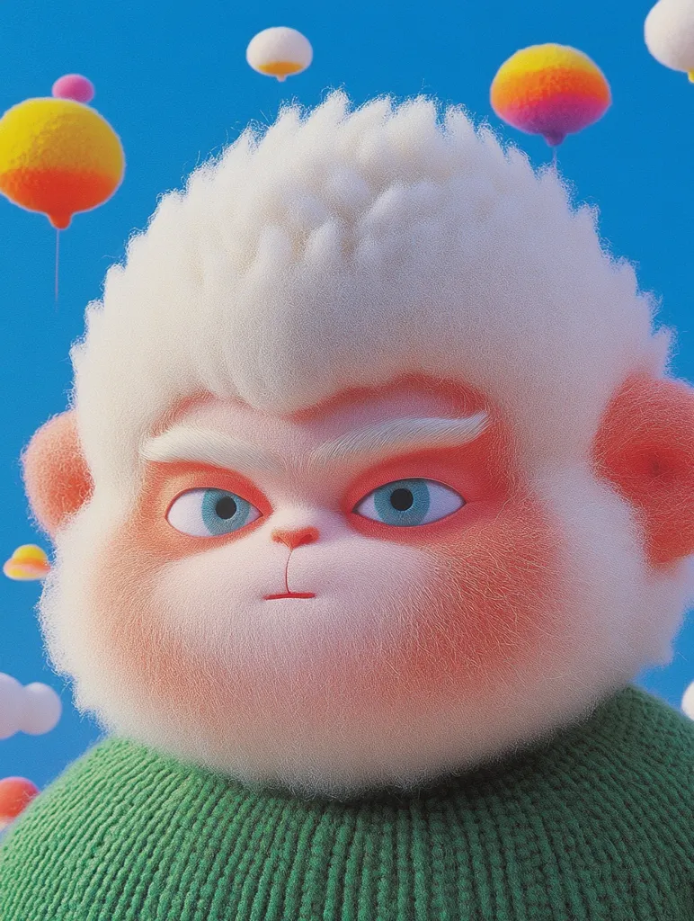The image shows a furry, white and pink creature with large blue eyes, wearing a green knitted sweater. It appears to be looking directly at the viewer with a serious expression. There are a few colorful balloons floating in the blue background. The image is rendered in a 3D style, giving it a cartoonish and playful feel. The creature's soft fur and round cheeks make it appear cuddly and appealing.