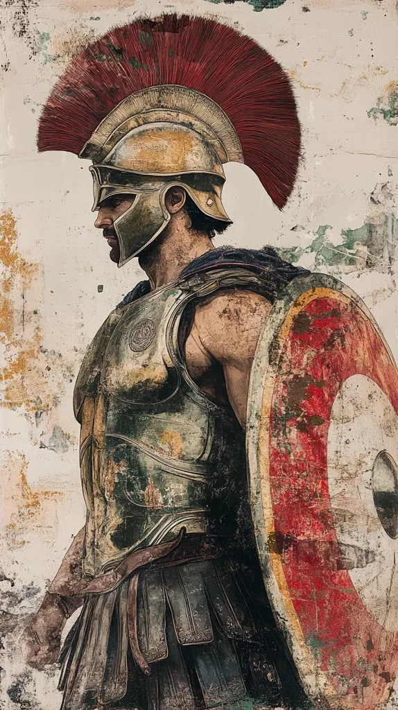 The image depicts a Roman soldier, clad in full armor and holding a large, round shield. The soldier's helmet features a distinctive red plume, and his armor is adorned with intricate details. The soldier's face is obscured by his helmet, but his gaze is determined and resolute. The background is a weathered, textured surface, suggesting the image is a painting or a photograph of a mural. The soldier's pose suggests a sense of strength and readiness, perhaps in the midst of battle. The overall tone of the image is one of power, history, and ancient warfare.
