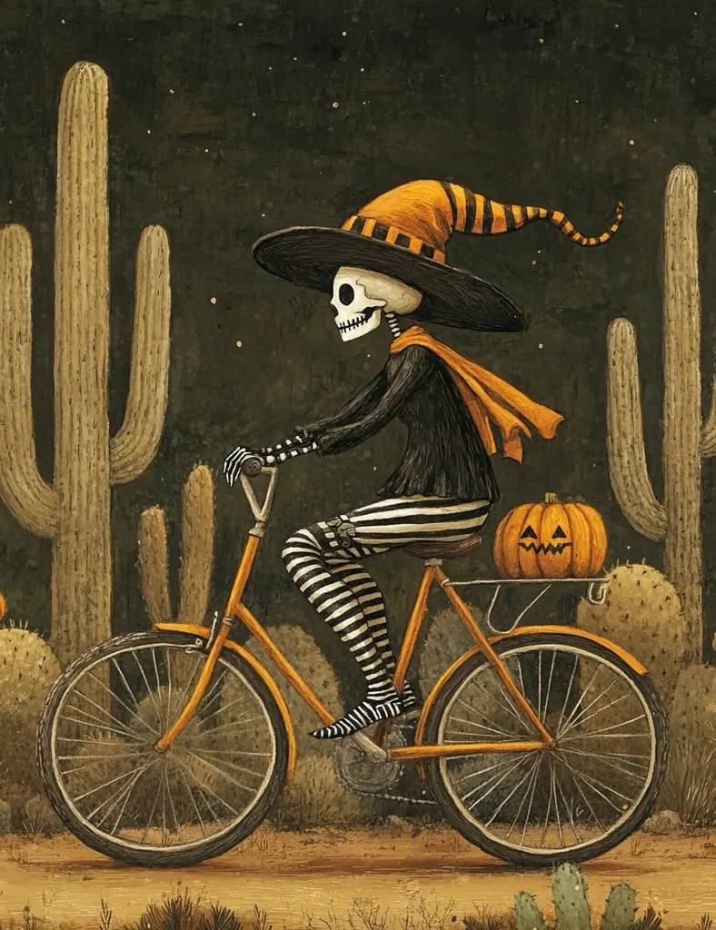 A skeleton dressed in a black and orange striped outfit and a witch's hat is riding a bicycle in a desert landscape.  The bicycle is yellow and has a pumpkin basket on the back.  The background features tall cacti and a starry night sky.  The scene is whimsical and festive, with a spooky Halloween vibe.