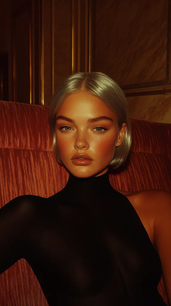 A young woman with short, platinum blonde hair sits in a plush, velvet armchair. She is wearing a black, one-shoulder top, and her face is illuminated by warm light, highlighting her delicate features and makeup. The background is a warm, inviting gold, creating a sense of luxury and intimacy.  Her gaze is directed slightly downward, giving an air of quiet contemplation.
