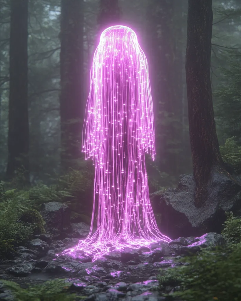 A mystical, glowing, pink figure stands in a misty forest. The figure's form is made up of cascading strings of light, creating an ethereal and otherworldly presence. The figure's glow illuminates the surrounding forest floor, casting long shadows and creating a sense of wonder and mystery. The image evokes a sense of magic and the unknown, suggesting a realm beyond ordinary reality.