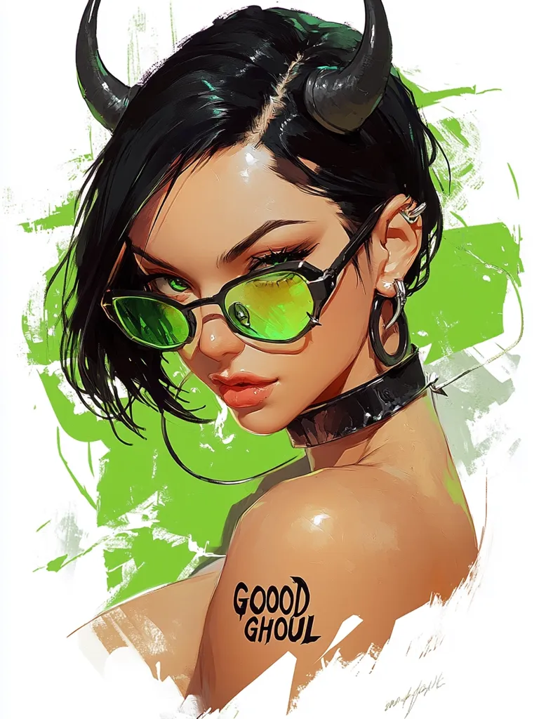 The image features a woman with short black hair and green eyes, wearing black horns and sunglasses with green lenses. She has a black choker around her neck and multiple earrings. She is looking directly at the viewer with a confident expression. Her right shoulder is exposed, revealing a tattoo that reads "GOOD GHOUL". The background is a green and white abstract design.