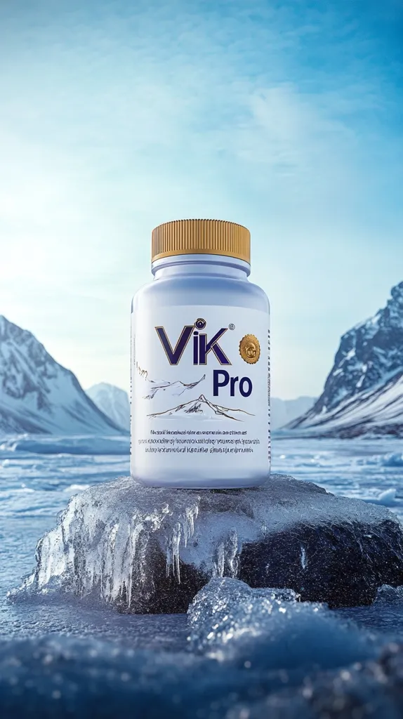 A bottle of "Vik Pro" dietary supplement rests on a partially submerged, icy rock in a frozen landscape. The bottle is white with a blue logo and a golden lid. The background features a hazy, blue sky and a snowy mountain range.  The image conveys a sense of purity, strength, and natural energy.