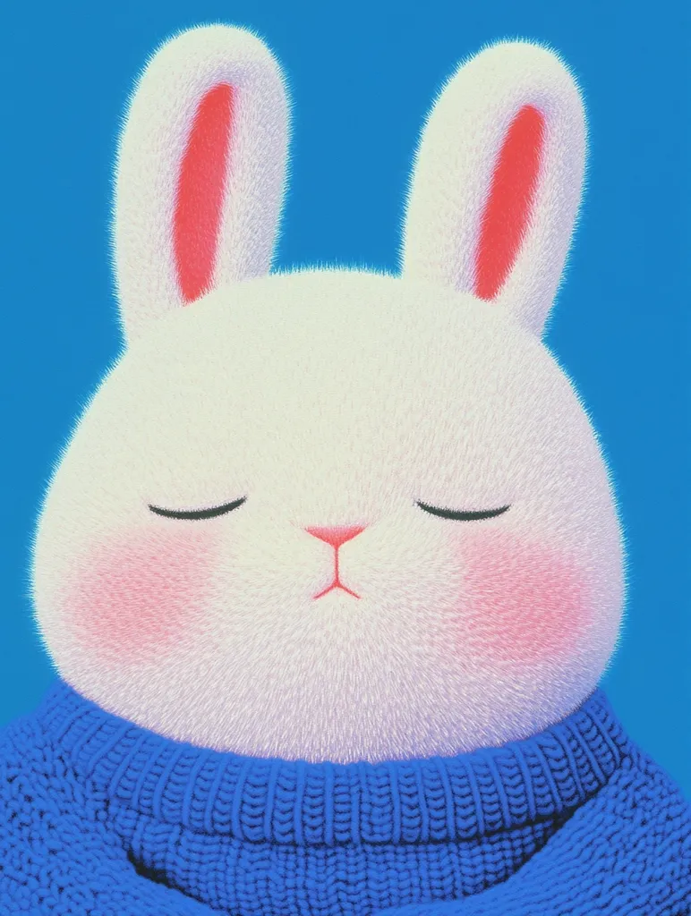 A fluffy white rabbit with pink cheeks and red-lined ears is wearing a blue knitted sweater. Its eyes are closed and its mouth is slightly parted in a sleepy expression. The background is a bright blue. The image is rendered in a cartoon style with a soft, fuzzy texture.  The overall tone is gentle and endearing.