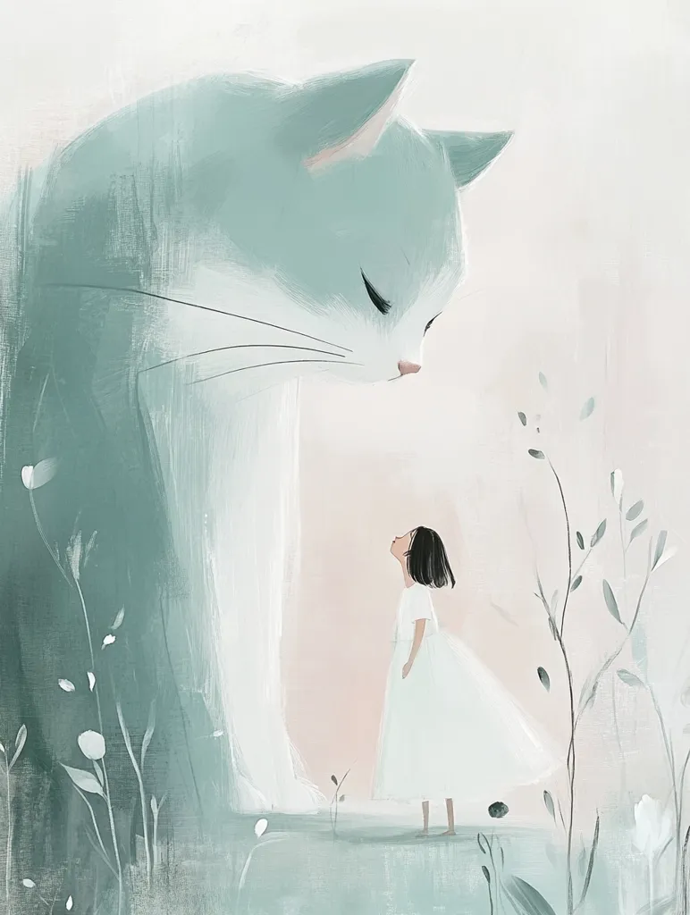 The illustration depicts a large, gentle cat with soft, blue-green fur. It is looking down at a small girl in a white dress who is gazing up at the cat with admiration. The scene is painted in a soft, dreamy style, with delicate brushstrokes and a delicate colour palette.  The cat and girl appear to be connected in a moment of peaceful contemplation.  The image is surrounded by wispy grass and small white flowers.  The overall tone is one of quiet wonder and tenderness.