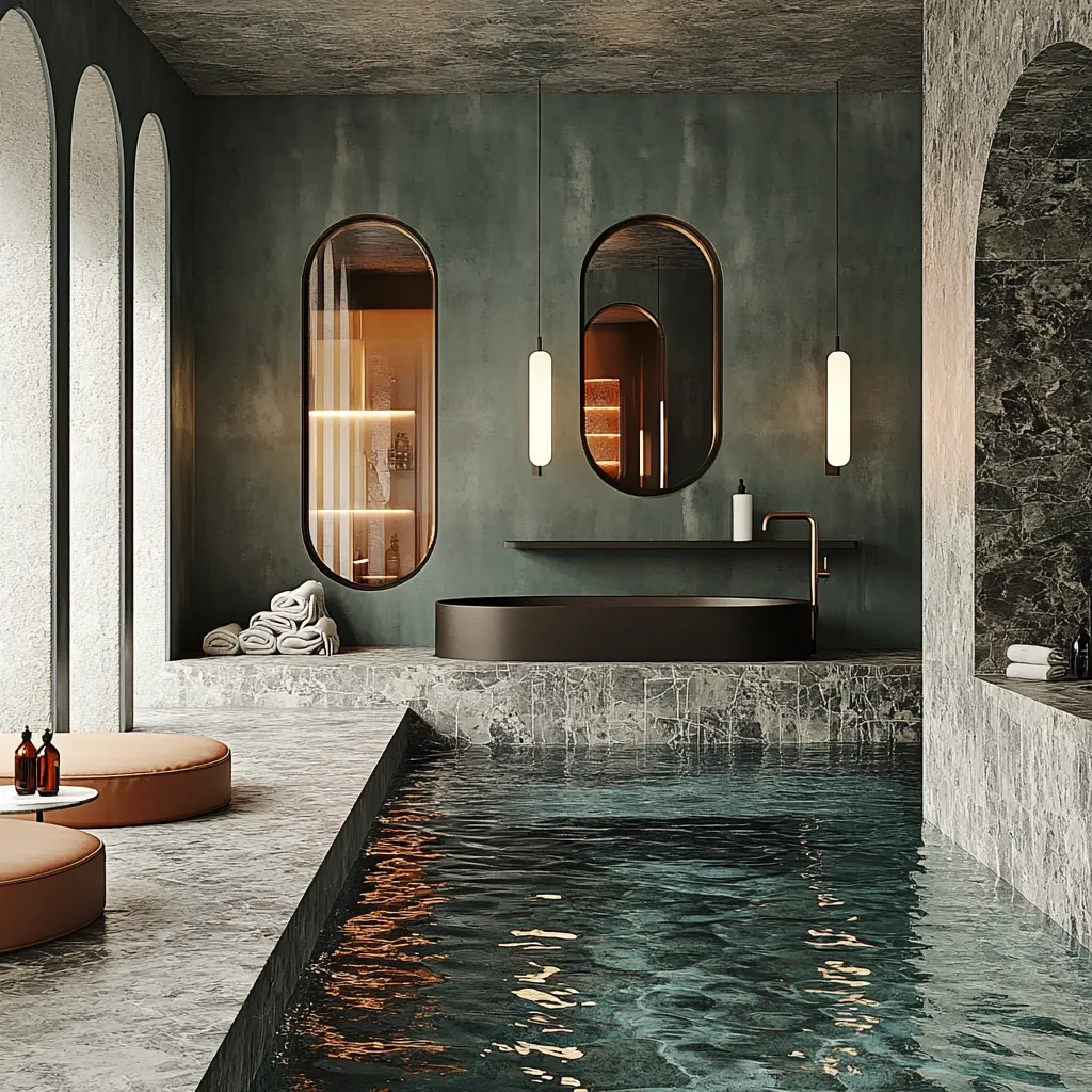 The image shows a modern bathroom with a luxurious design. The room features a large, rectangular bathtub, a small pool of water, and a minimalist sink. The walls are a deep green color and the floor is made of white marble. The room is lit by two pendant lamps and there are two oval-shaped windows on the wall. The room gives a sense of tranquility and sophistication.