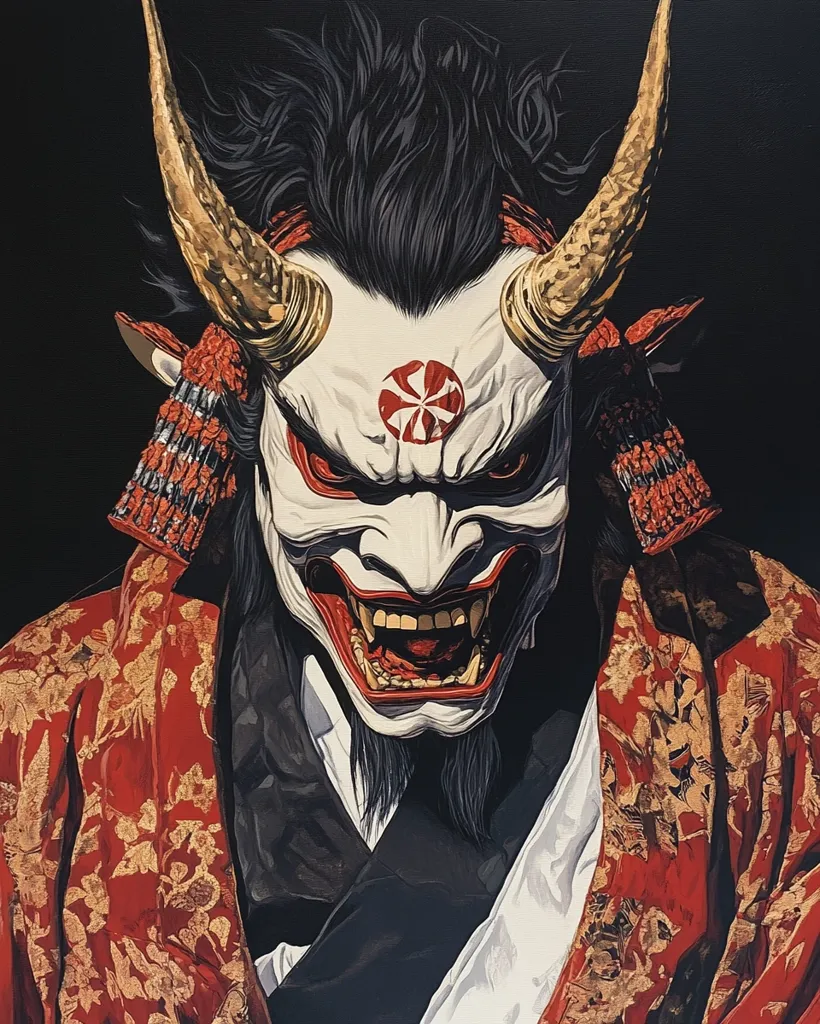 The image shows a demon with long, sharp horns and a menacing grin. He wears a white mask with a red and black design and a red and gold robe. The background is black. The demon's eyes are dark and intense, and his teeth are sharp and pointed. The image is a powerful and evocative depiction of a malevolent being.