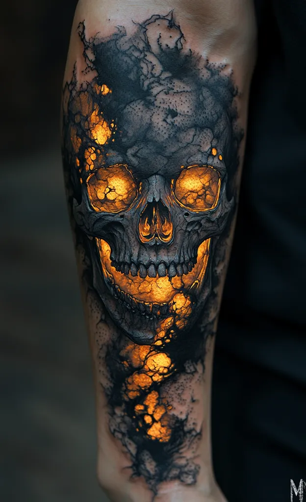 The image shows a detailed tattoo of a skull on someone's arm. The skull is rendered in a realistic style with a cracked, textured surface, and it is filled with glowing orange light, as if fire is burning inside. The tattoo is a striking and impressive example of black and grey work.