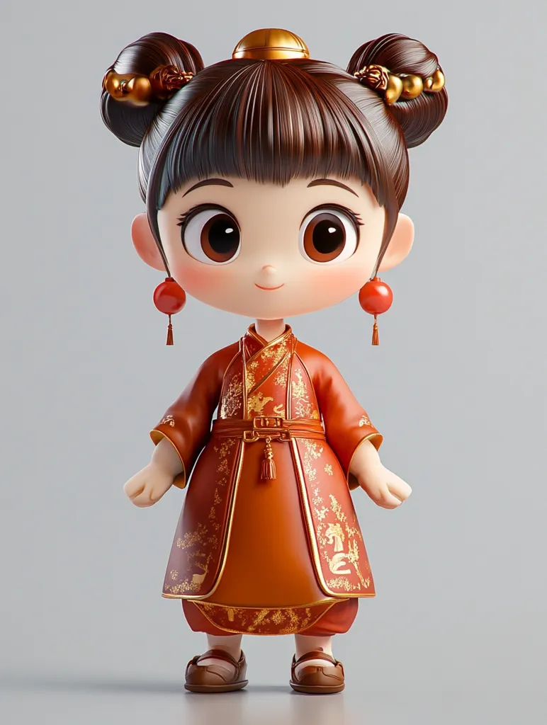 A 3D rendered cartoon girl with large eyes and a charming smile. She is wearing a traditional Chinese dress with gold embroidery, and her hair is styled in two buns adorned with gold ornaments. The girl is standing on a light grey background. Her dress is an orange-red colour with intricate details and has a golden belt.  She has red dangling earrings and a crown on her head.