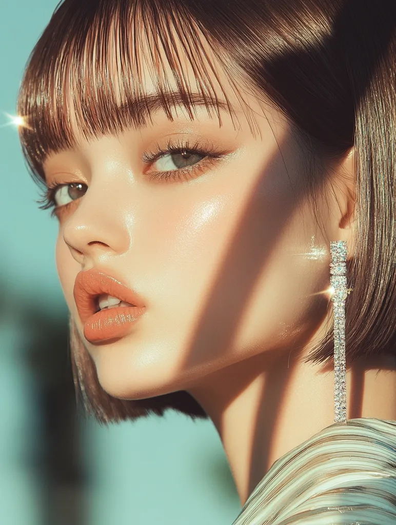 A young woman with short brown hair and bangs poses for a close-up photo. She has a natural makeup look and a soft, glowing complexion. A long, sparkling earring hangs from her right ear. The light casts a warm glow on her face and highlights her features. The background is a soft, blurry blue.  She is looking off to the side, creating a mysterious and alluring aura.  The image exudes a sense of beauty, confidence, and style.
