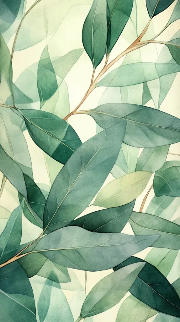 A watercolor painting depicting a delicate arrangement of green leaves. The leaves are rendered in shades of green, with some appearing translucent, creating a layered effect. The composition emphasizes the graceful lines and forms of the leaves, evoking a sense of tranquility and natural beauty.  The light background further highlights the foliage, creating a sense of depth and airy lightness.