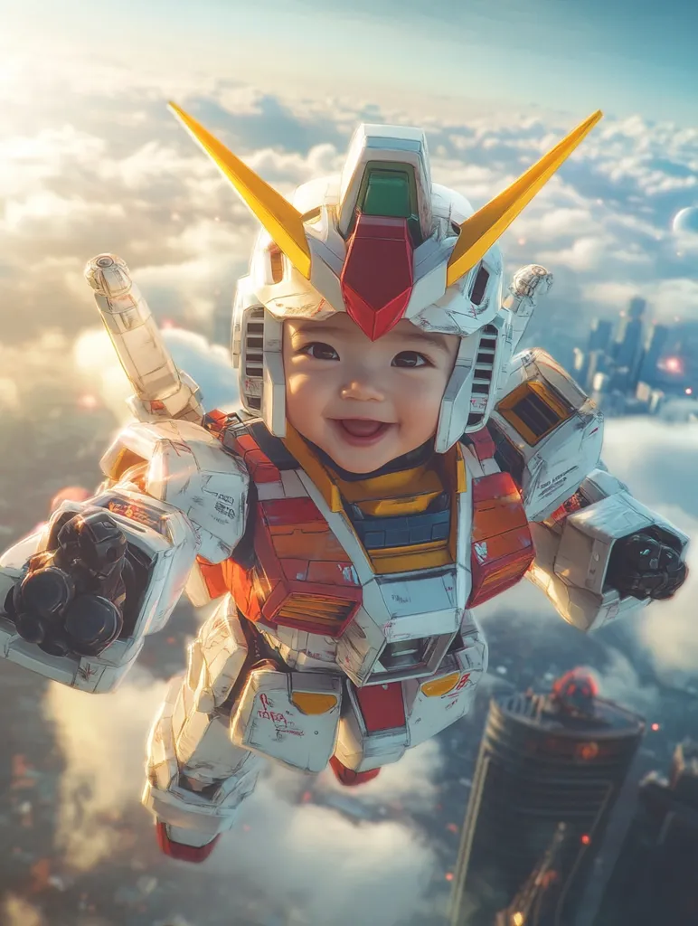A baby is wearing a giant, white and red robot suit, with a yellow visor and antennas.  The baby's face is visible, with a huge smile. The baby is flying over a cityscape, with clouds behind them.  The photo is digitally altered, giving the impression of a giant baby-robot.