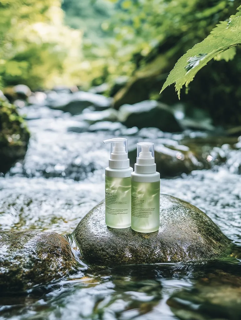Two green bottles of skincare products are placed on a mossy rock beside a flowing stream. The bottles have white pumps and labels with green text. The water is clear and the background is blurred, showing a lush green forest. The image is tranquil and serene, suggesting the products are natural and refreshing.