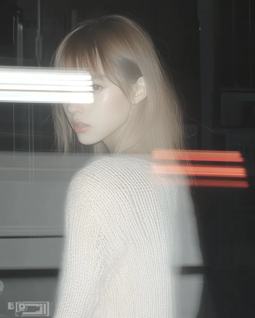 A young woman with long brown hair, wearing a white knitted sweater, stands in a dimly lit space with bright light streaks passing over her face and body. The image is soft-focused and ethereal. The background is blurred, creating a sense of mystery and intrigue.  The woman's expression is calm, her eyes partially hidden by her bangs. The image evokes a sense of quiet contemplation and inner beauty.