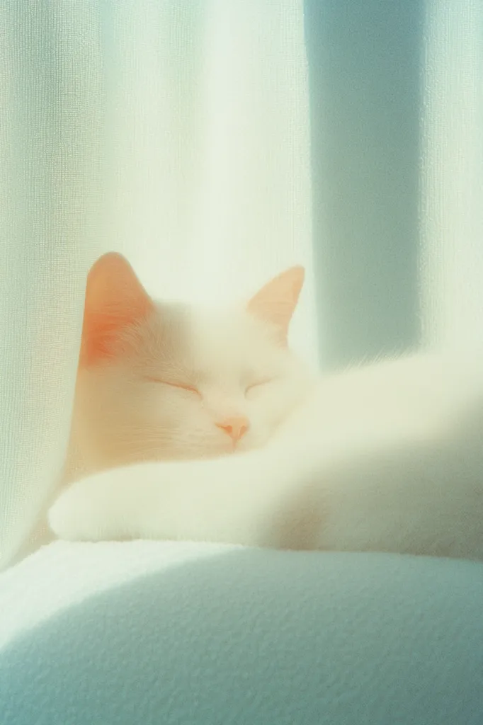 A white cat naps peacefully in a soft, white bed. The cat's eyes are closed and its body is curled up in a ball. The background is a blurry, light blue curtain that adds a sense of peace and tranquility to the scene. The soft lighting and muted colors create a calming and serene atmosphere.  The image evokes feelings of comfort and relaxation.