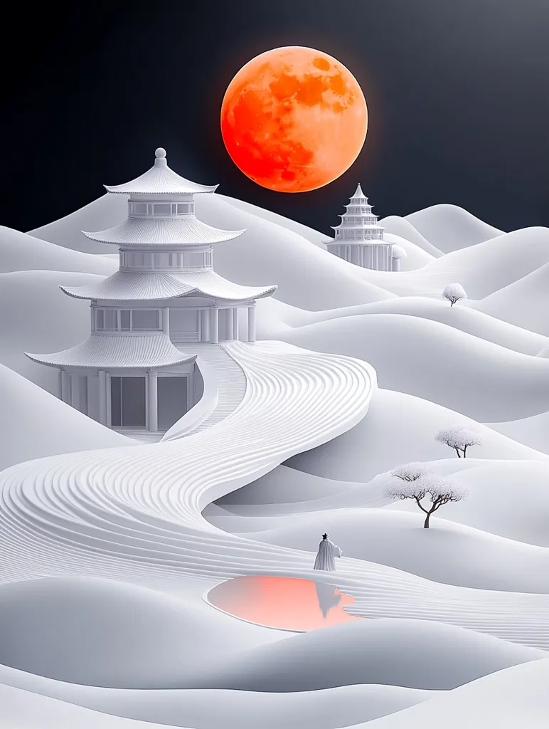 A white, stylized landscape features a large, tiered pagoda and a winding, white pathway leading to a small, reflective pool of water. A lone figure walks the path towards the pool. Above, a full, red moon illuminates the scene against a dark, starless sky. The minimalist composition creates a sense of tranquility and isolation.