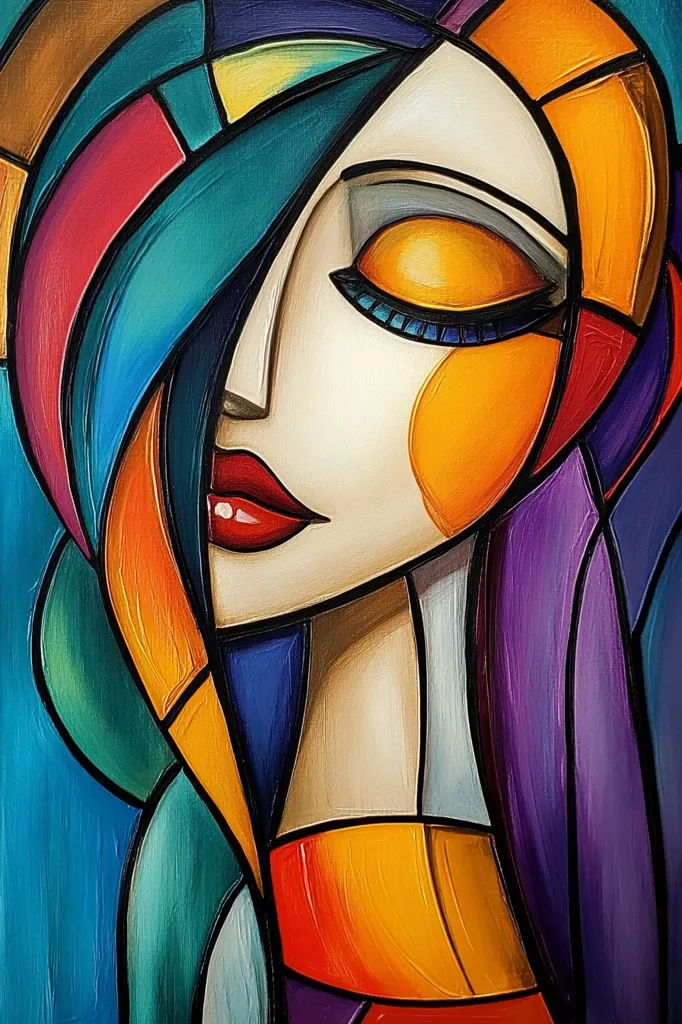 The painting is an abstract portrait of a woman, rendered in bold, geometric shapes and vibrant colors. Her face is mostly white, with a single, large, orange eye that stands out against the blue and purple background. Her lips are a bright red, and her hair is rendered in a series of swirling, colorful shapes. The overall effect is one of both dynamism and serenity.