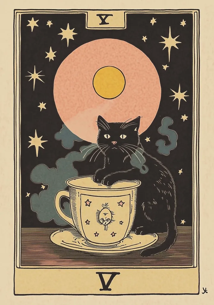 The image is a tarot card, with a black cat sitting on a teacup with a saucer. The teacup has a yellow star pattern and a yellow sun with a face in the center. The card has a black background with a pink moon and stars. The card is framed with a beige border. The number "V" is at the bottom and the number "Y" is at the top. The image is drawn in a vintage style.