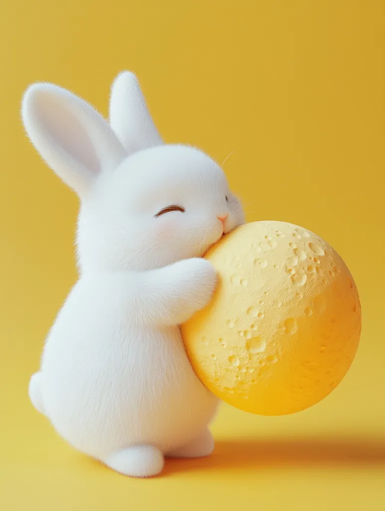 A fluffy white bunny with closed eyes is holding a large, yellow moon-shaped object against its chest. The bunny is standing on a yellow background and its fur is soft and plush. The moon has craters and a textured surface, contrasting with the bunny's smooth skin. The image conveys a sense of cuteness and innocence.
