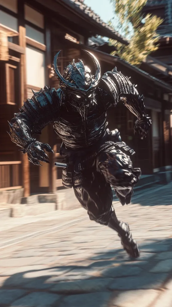 A dark, imposing figure clad in black samurai armor sprints across a paved street. The figure's helmet is adorned with intricate designs, and its clawed hands are outstretched. The background is blurred, suggesting a sense of speed and urgency. The overall image evokes a sense of power and danger.