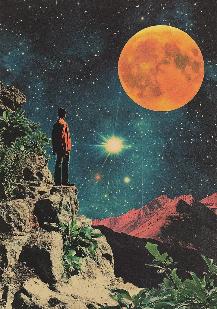 The image depicts a man standing on a rocky cliff, gazing at a large, orange moon in the night sky. The sky is filled with stars and a distant, bright light shines in the background. The landscape is rocky and desolate, with reddish mountains rising in the distance. The scene evokes a sense of solitude and contemplation.