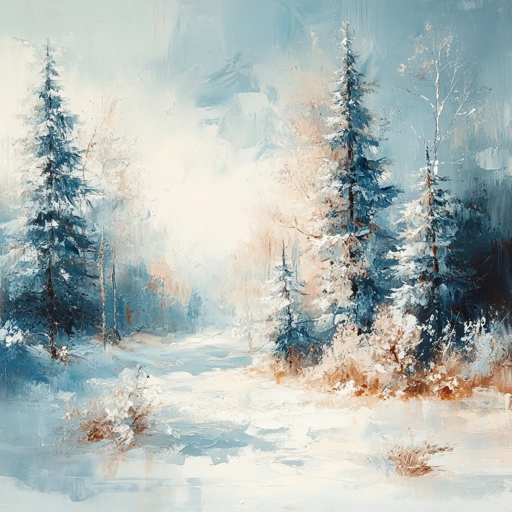 The painting depicts a snowy winter forest scene with tall pine trees covered in frost. A path winds through the trees leading into a bright, white, hazy distance.  The trees and brush are painted with muted blues and browns, creating a calm and serene atmosphere. The use of brushstrokes and texture creates a sense of depth and realism. The painting evokes feelings of peace and tranquility.