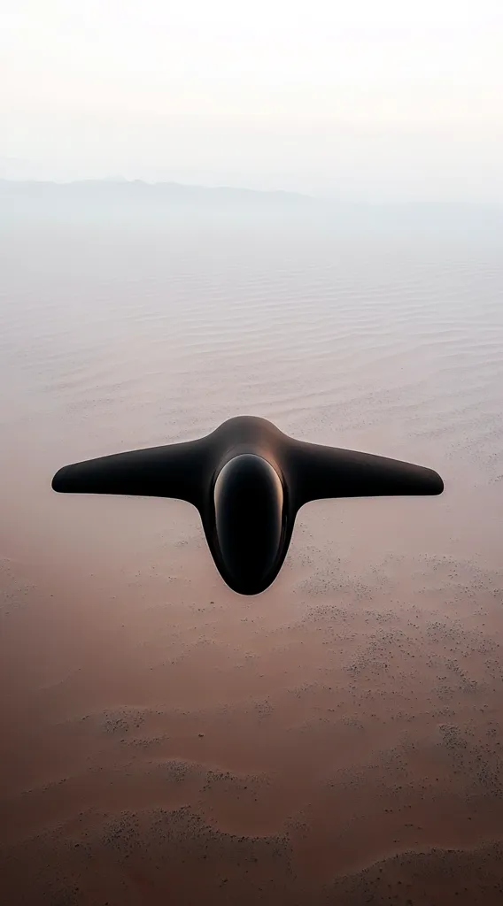 The image shows a black aircraft flying over a desert landscape. The aircraft is a sleek, modern design with a pointed nose and swept wings. The desert is a vast expanse of sand and rock, with a hazy horizon in the distance. The sky is a pale blue, with some clouds in the background. The image is shot from a high angle, giving the viewer a sense of the aircraft's speed and power. The overall mood of the image is one of mystery and intrigue.  The aircraft's dark color and sleek design, combined with the vastness of the desert, create a sense of something powerful and unknown.