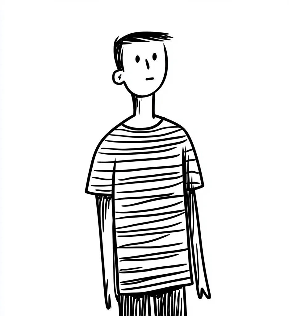 The image shows a line drawing of a person. The person has short hair and is wearing a striped shirt and pants. They have a neutral expression on their face. The drawing is simple and has a slightly cartoonish style. The image is in black and white.