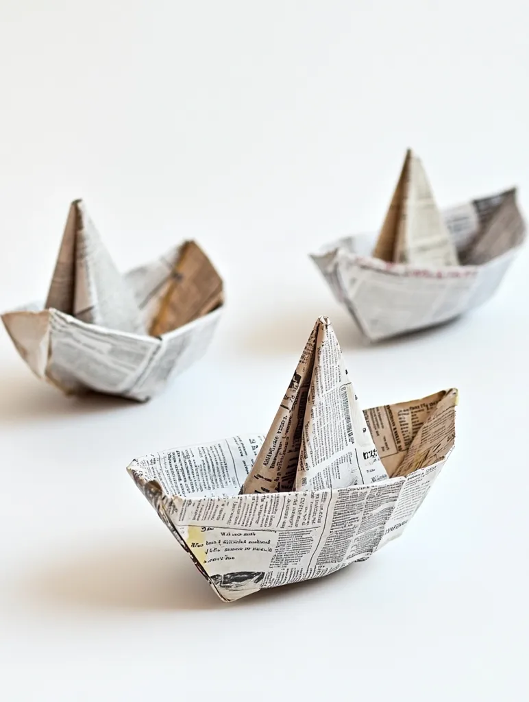Three paper boats made from newspaper are arranged on a white surface. The largest boat is in the foreground, with its prow facing the viewer. The other two boats are smaller and are positioned behind the large boat. The boats are all folded in a classic origami style. The image captures a simple and playful scene, perhaps suggesting a child's craft project or a whimsical reminder of childhood.