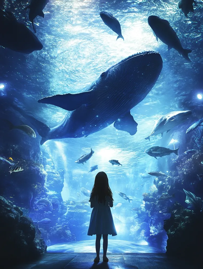 A young girl in a white dress stands silhouetted against a vibrant underwater scene. A large whale swims overhead, its body illuminated by a shaft of sunlight. The girl gazes upwards, mesmerized by the aquatic spectacle. Schools of fish shimmer in the blue water, creating a magical and surreal atmosphere.  The scene evokes a sense of wonder and awe, highlighting the beauty and mystery of the ocean.