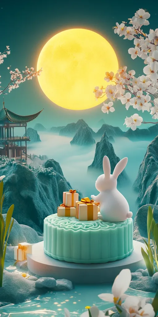 A white rabbit sits on a green mooncake, surrounded by gifts and flowers.  The scene is set against a backdrop of misty mountains and a large, bright moon.  The overall atmosphere is tranquil and dreamy, with a touch of whimsy.  The image evokes a sense of celebration and wonder.