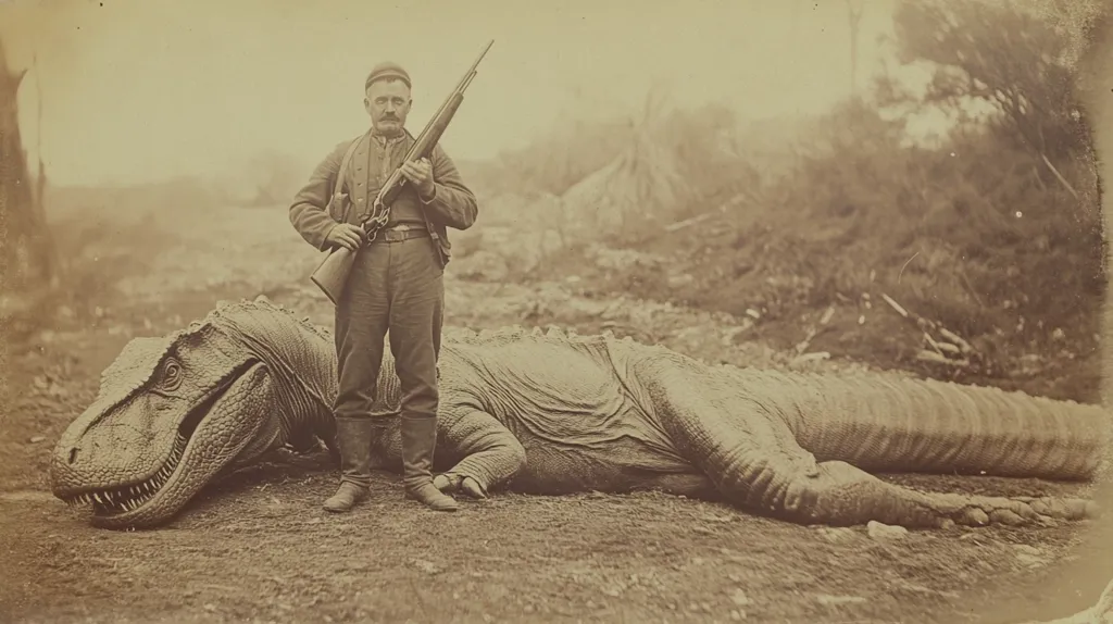 A man in a dark suit and a cap stands with a rifle in his hands, looking at the camera. He is standing in front of a large, dead creature. The creature appears to be a reptile, possibly a crocodile or a dinosaur. The image is in black and white, and the quality is grainy. It is unclear where or when the photograph was taken.