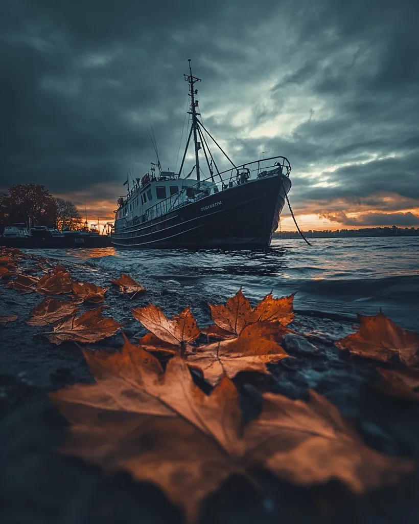 A large, black ship is docked at a riverbank, its bow facing the viewer. The ship is a fishing vessel, with a nameplate visible above the waterline. A few smaller boats are docked behind it.  The river is calm, reflecting the colors of the sunset sky, which is partially obscured by dark, brooding clouds.  In the foreground, fallen autumn leaves are scattered along the riverbank.  The leaves are predominantly orange and brown, and appear to have been soaked by the water, giving them a darker, richer hue.