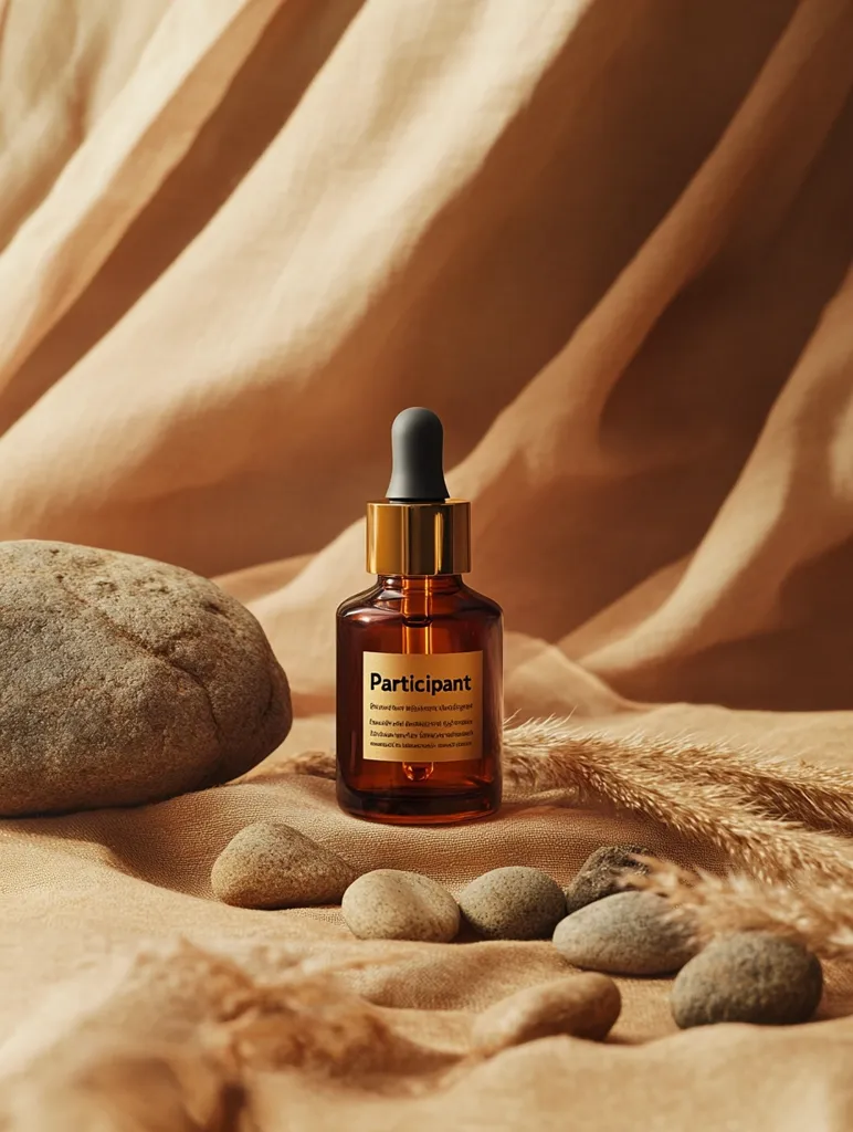 A glass bottle of serum with a gold cap and label that reads \