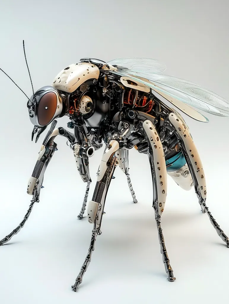 A metallic, robotic insect with a white and silver body is shown in a close-up. Its segmented legs are long and thin, extending from its body, which is detailed with intricate mechanical parts and gears. The insect's wings are transparent and delicate, adding a contrast to the metallic body. The background is a simple, white surface, highlighting the intricate details of the robotic insect.