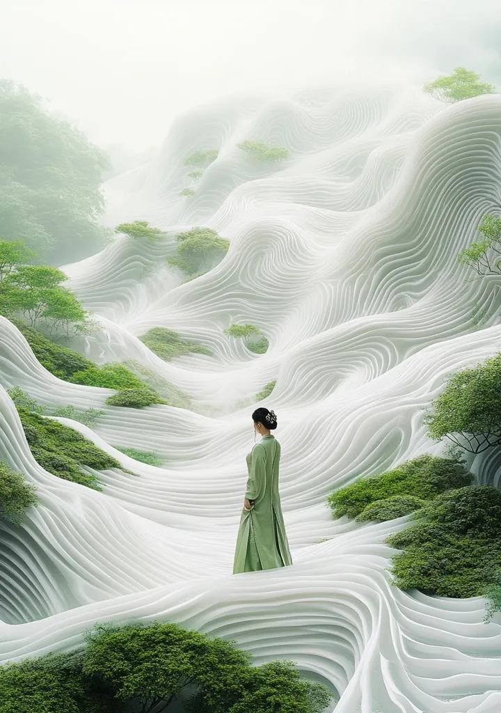 A woman in a flowing green dress stands on a white, undulating landscape. The hills are formed by smooth, curved lines that resemble fabric or paper. Green trees and bushes dot the landscape, which is shrouded in a light mist. The image has a dreamlike, ethereal quality.