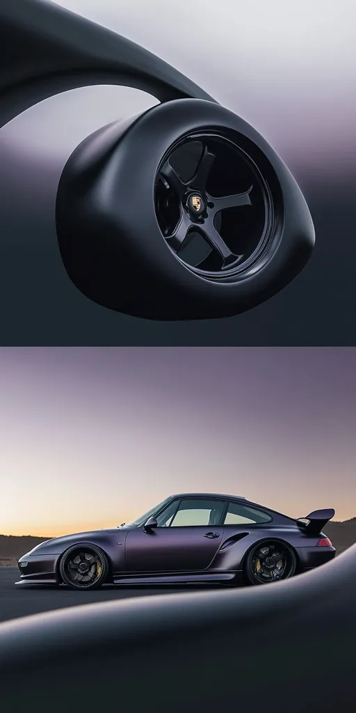 The image shows a black Porsche 911 Turbo, with the camera focused on its wheel. The car is parked on a paved surface, with a blurred background of a sunset sky. The black car has a black rim with a gold Porsche logo in the center. The image also includes a partial view of the car's body in a dark, blurry style.  The image has a sleek, modern, and artistic look.