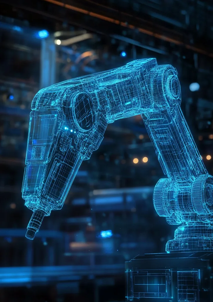 A robotic arm, rendered in a futuristic blue wireframe style, stands in a dimly lit industrial setting. Its metallic joints and gears are clearly visible, highlighting the intricate design. The arm is poised for action, ready to perform its task in the automated factory. The blurred background suggests a busy and industrial environment.