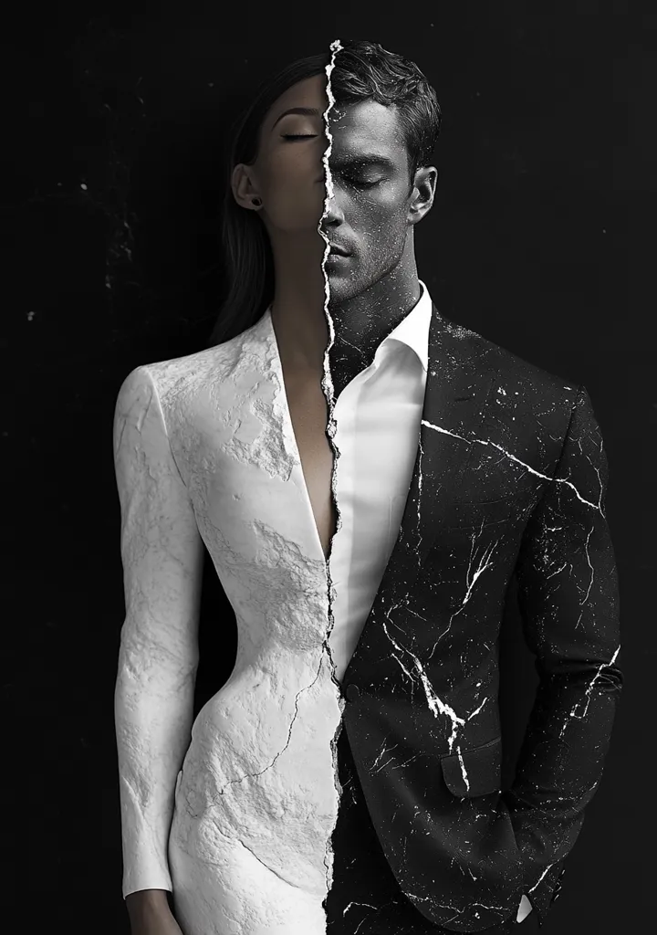 A man and woman stand side-by-side, their faces merged together, forming a striking contrast of light and dark. The woman wears a white dress, while the man sports a black suit. Both garments are adorned with textured marble patterns, highlighting the duality of their shared form. The image is a powerful representation of unity amidst opposition, with a black-and-white colour scheme that enhances the dramatic effect.