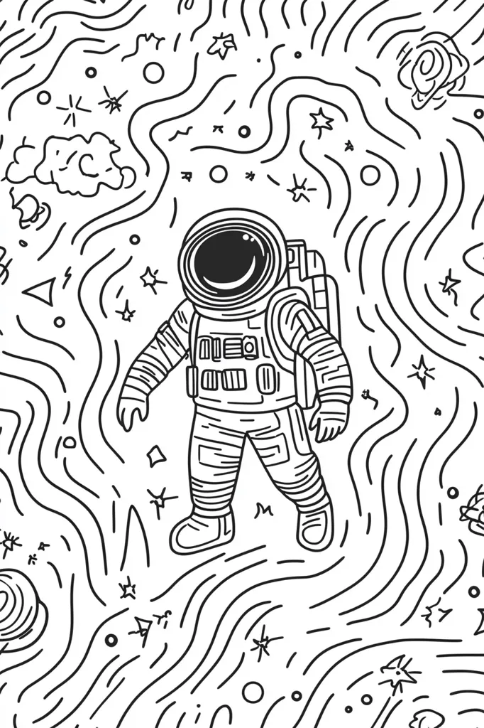 A hand-drawn illustration of an astronaut floating in space, surrounded by stars, planets and other space-themed doodles.  The astronaut is wearing a spacesuit and a helmet, and their legs are slightly bent. The astronaut is floating on a swirling, abstract background, suggesting a sense of movement and dynamism. The lines of the image are thick and bold, giving the illustration a playful and whimsical feel.