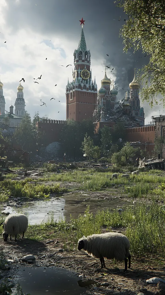 The image depicts a post-apocalyptic scene with the iconic Spasskaya Tower of the Moscow Kremlin standing tall in the background. The tower, with its red brick facade and clock face, appears weathered and damaged, while the surrounding area is overgrown with vegetation. Two sheep graze peacefully in the foreground, adding a surreal contrast to the desolate landscape. The sky is overcast, hinting at the passage of time and the severity of the event that has transformed this once-thriving city into a wasteland. The image evokes a sense of both beauty and desolation, suggesting a world where nature has reclaimed its dominion.