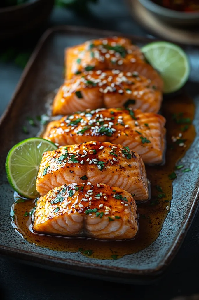 A close-up shot of a plate of salmon fillets, glazed with a sweet and savory sauce, topped with sesame seeds and fresh herbs. The salmon is arranged in a row on the plate, and there is a lime wedge on the side. The plate is a deep blue color, and the background is blurred. The image is a close-up, focusing on the texture and details of the salmon.
