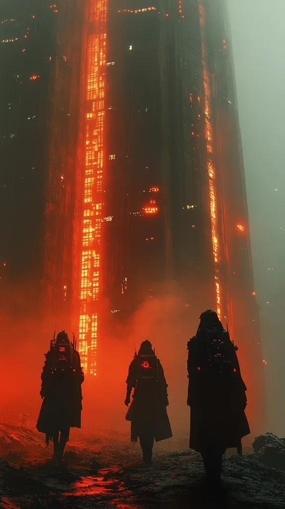 Three figures in long coats and backpacks walk towards a tall, futuristic building. The building is glowing red and is engulfed in fog. The figures are silhouetted against the red light, giving the scene a mysterious and ominous feel. The world is seemingly apocalyptic.