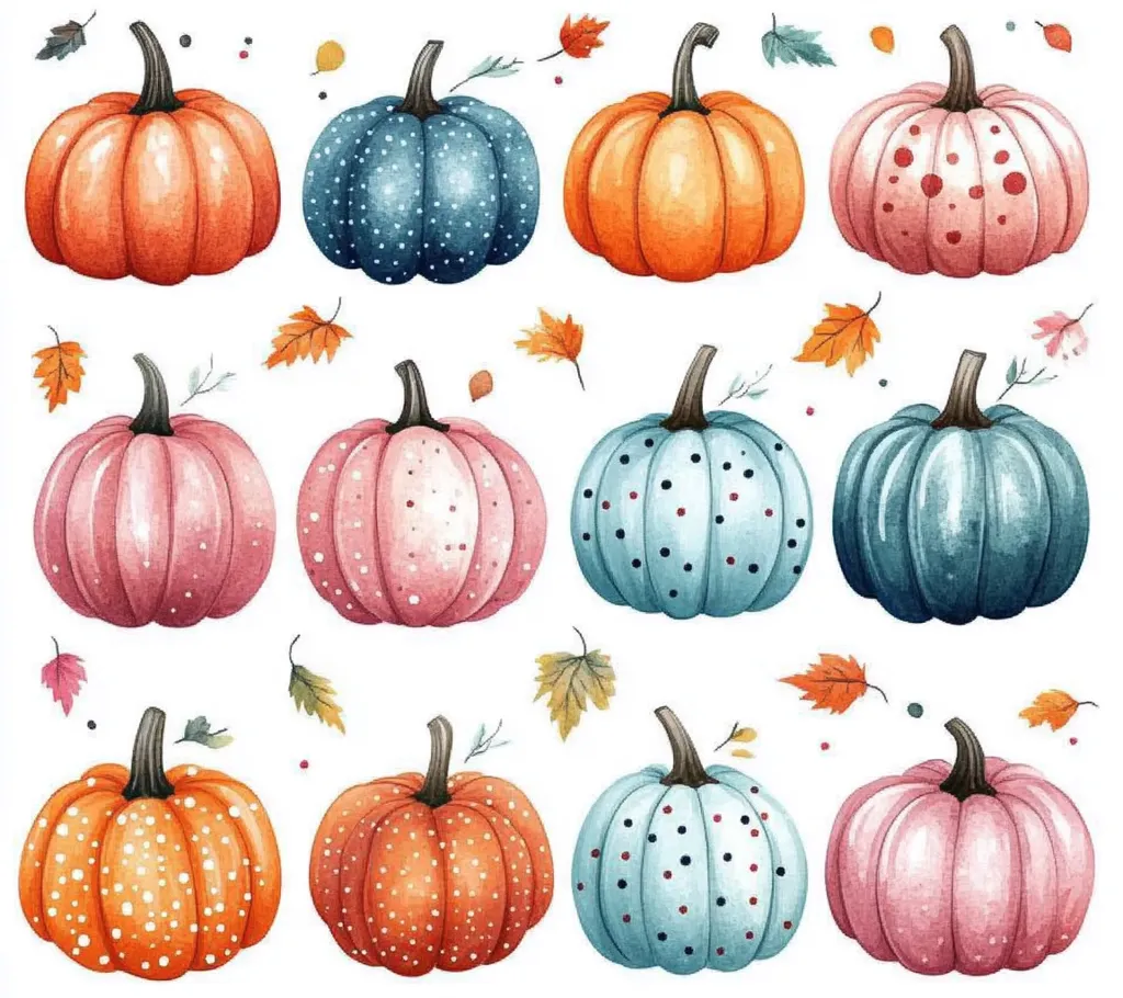 The image features 12 pumpkins in various colors and patterns, including orange, pink, blue, and white polka dots. They are arranged in three rows of four, with small leaves scattered around them. The pumpkins are drawn in a watercolor style, creating a vibrant and playful autumn scene.