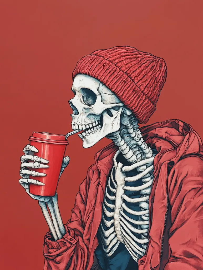 A skeleton in a red beanie and jacket sips from a red cup with a straw. The skeleton has a human-like expression, looking slightly bored or tired. The background is a solid red, creating a stark contrast with the white bones. The image is a humorous and slightly morbid take on everyday life.