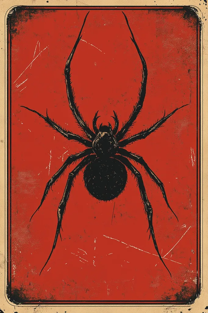 The image shows a black spider on a red background. The spider has eight legs and a round body. It is positioned in the center of the image, facing upward. The background is a bright red color, with a worn and distressed look. The image has a vintage, almost antique feel. It may be a poster or a drawing.