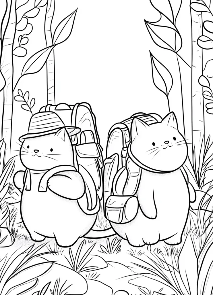 Two cats are on a hike, they are both wearing large backpacks and are standing in a lush forest setting. The cat on the left is wearing a hat, while the cat on the right has a more traditional cat look. The cats are drawn in a simple style and are outlined in black, making them look like they are waiting to be colored in.
