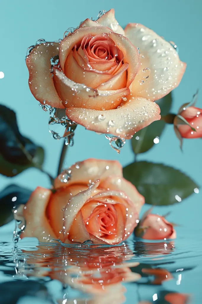 Two delicate peach-colored roses are caught in mid-air, covered in water droplets. The top rose is in full bloom, its petals unfurling outwards, while the bottom rose is slightly closed. Both roses are reflected in the still water below, creating a serene and elegant scene. The blue background adds a touch of tranquility. The image captures the beauty of nature's simplicity and the magic of water.