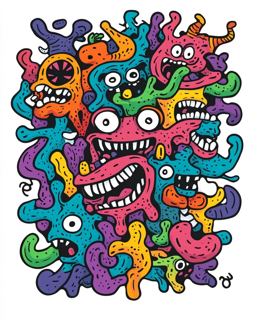 The image is a colorful and chaotic doodle of a group of cartoon monsters. The monsters are all different shapes and sizes, with large eyes, teeth, and tongues. They are all squished together in a messy and fun way, creating a sense of playfulness and whimsy. The vibrant colors and exaggerated features give the monsters a sense of personality and energy.